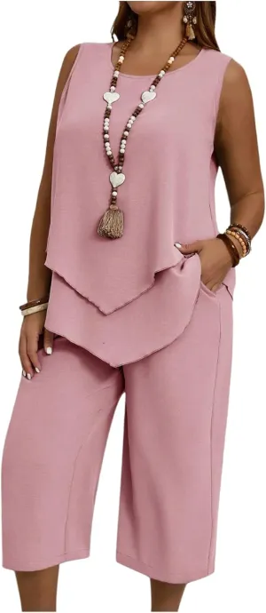 SHENHE Women's Plus Size 2 Piece Summer Outfits Crew Neck Tank Top Tunic Shirt and Capri Pants Set