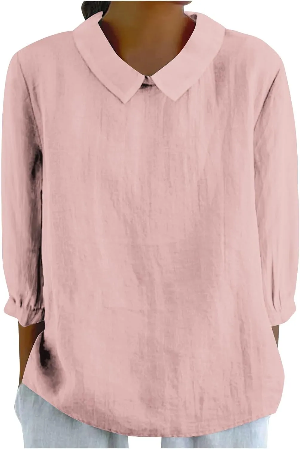 Shirts for Women Peter Pan Collar Neck 3/4 Sleeve Blouses Casual Loose Fit T Shirt Solid Color Plain Petite Tops