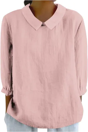 Shirts for Women Peter Pan Collar Neck 3/4 Sleeve Blouses Casual Loose Fit T Shirt Solid Color Plain Petite Tops