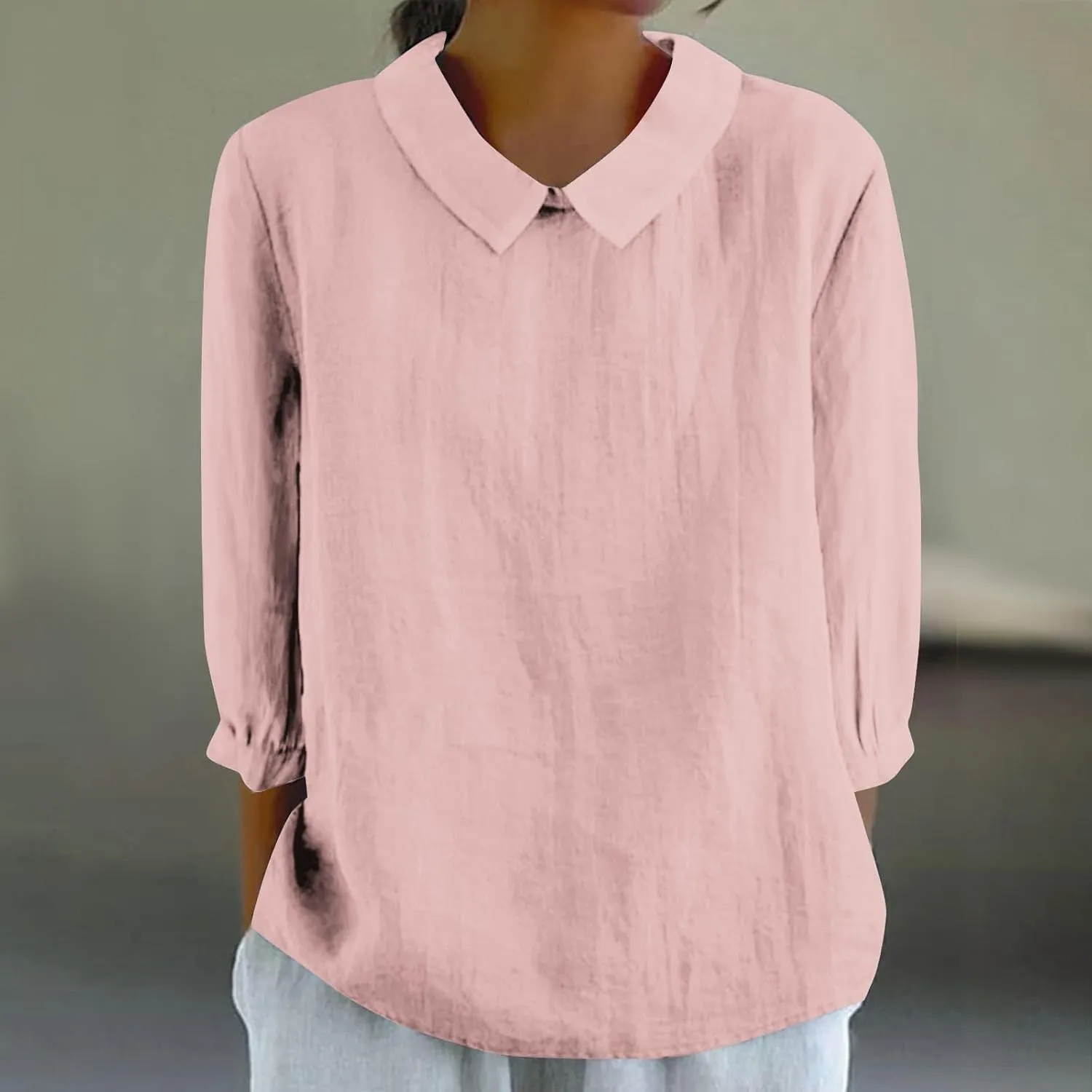 Shirts for Women Peter Pan Collar Neck 3/4 Sleeve Blouses Casual Loose Fit T Shirt Solid Color Plain Petite Tops
