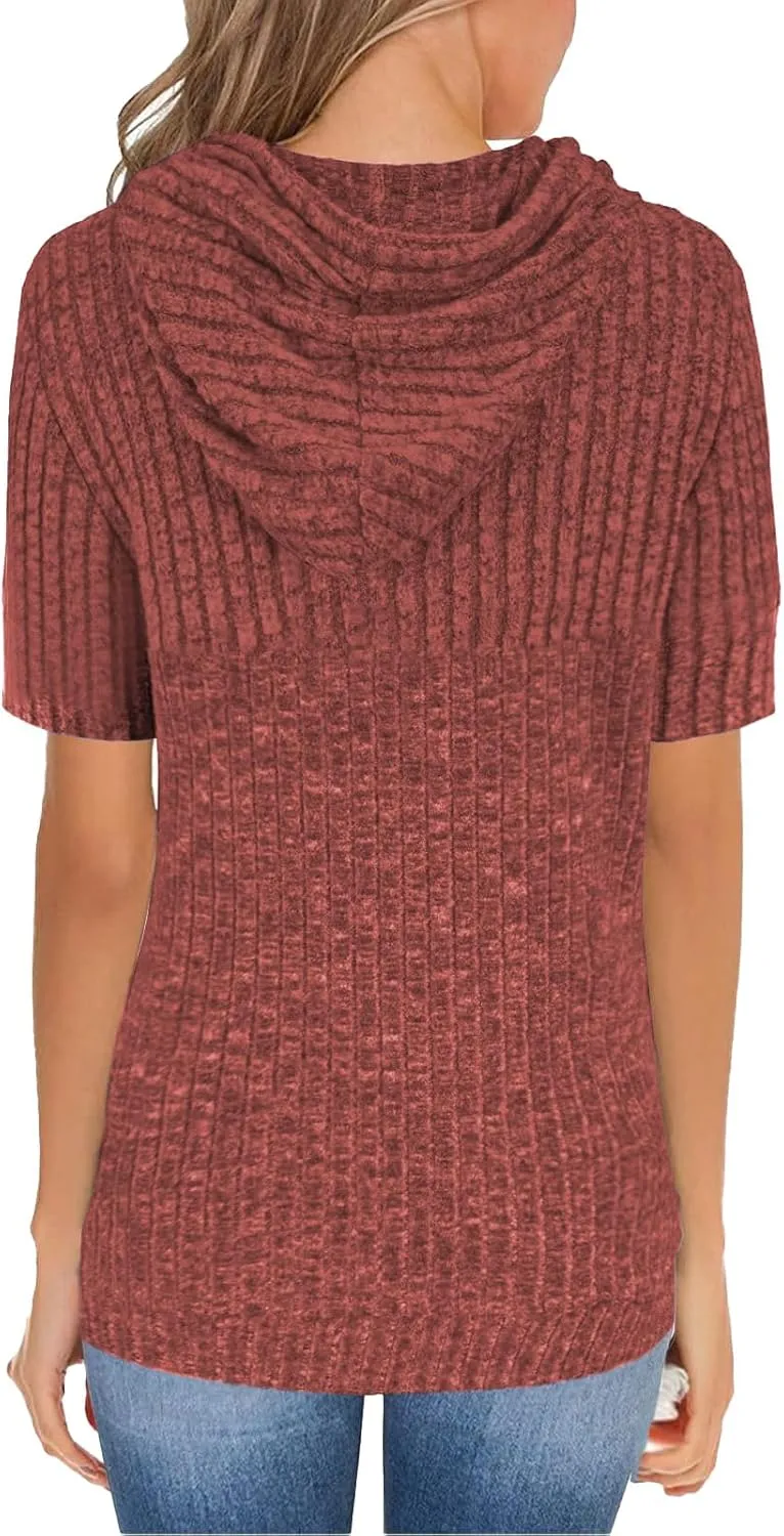 Short Sleeve Hoodies for Women Pullover Oversized Sweatshirts Trendy Casual Shirts Tunic Tops with Kangaroo Pocket