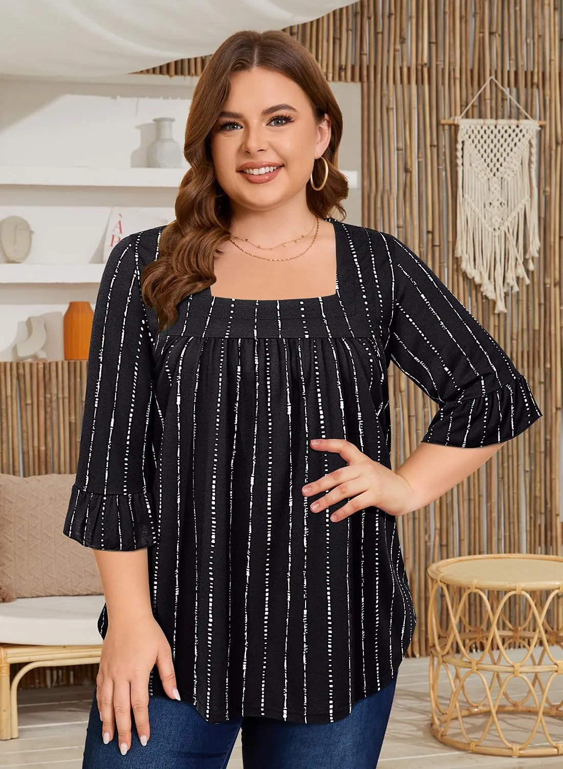 Siddhe Womens Plus Size Tops Loose Fit 3/4 Ruffle Sleeve Blouses Square Neck T Shirt Casual Tunic Tops(1X-5X)
