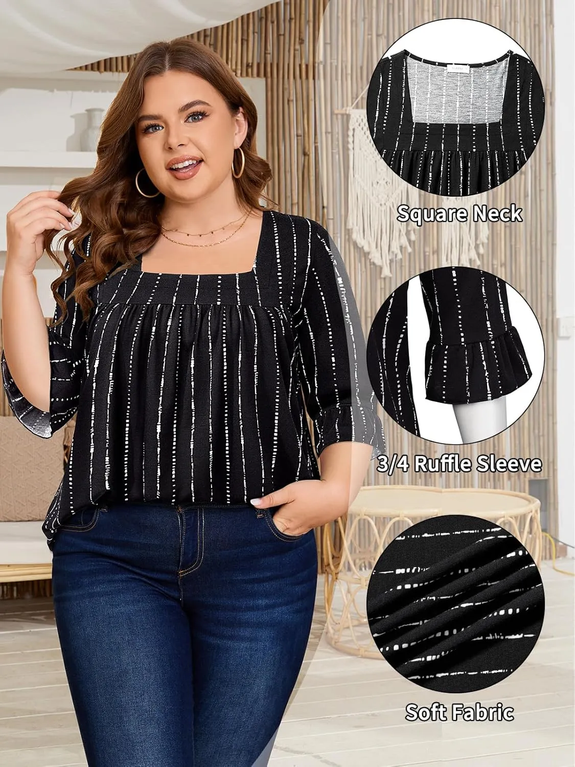 Siddhe Womens Plus Size Tops Loose Fit 3/4 Ruffle Sleeve Blouses Square Neck T Shirt Casual Tunic Tops(1X-5X)