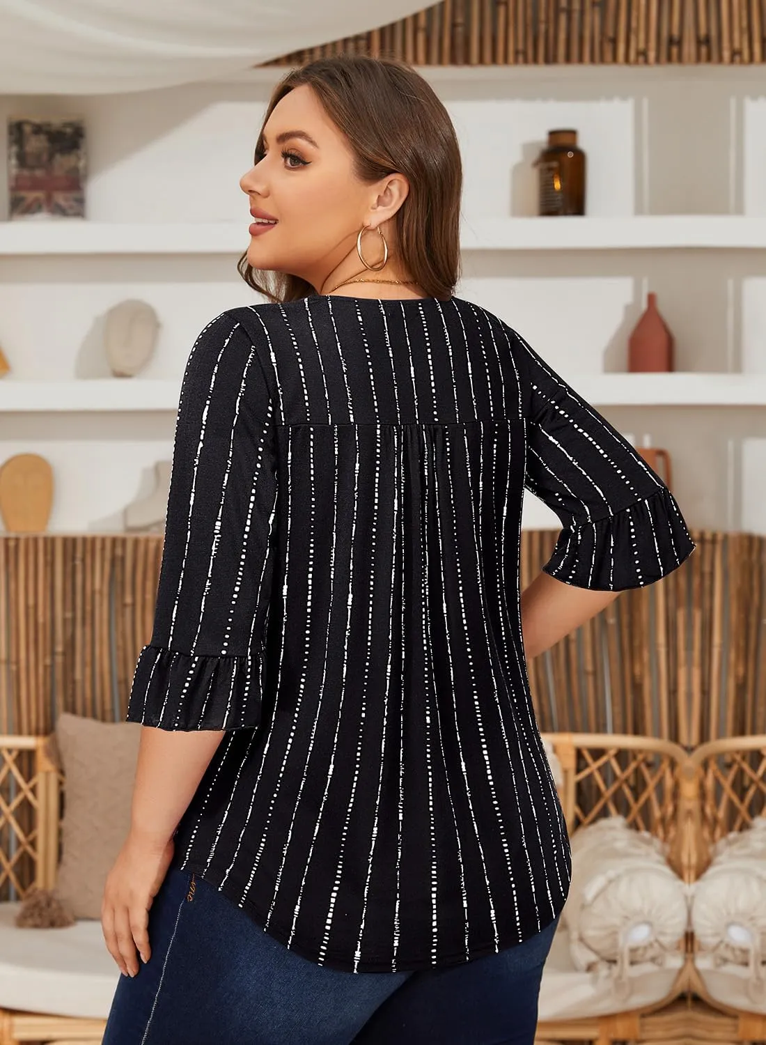 Siddhe Womens Plus Size Tops Loose Fit 3/4 Ruffle Sleeve Blouses Square Neck T Shirt Casual Tunic Tops(1X-5X)