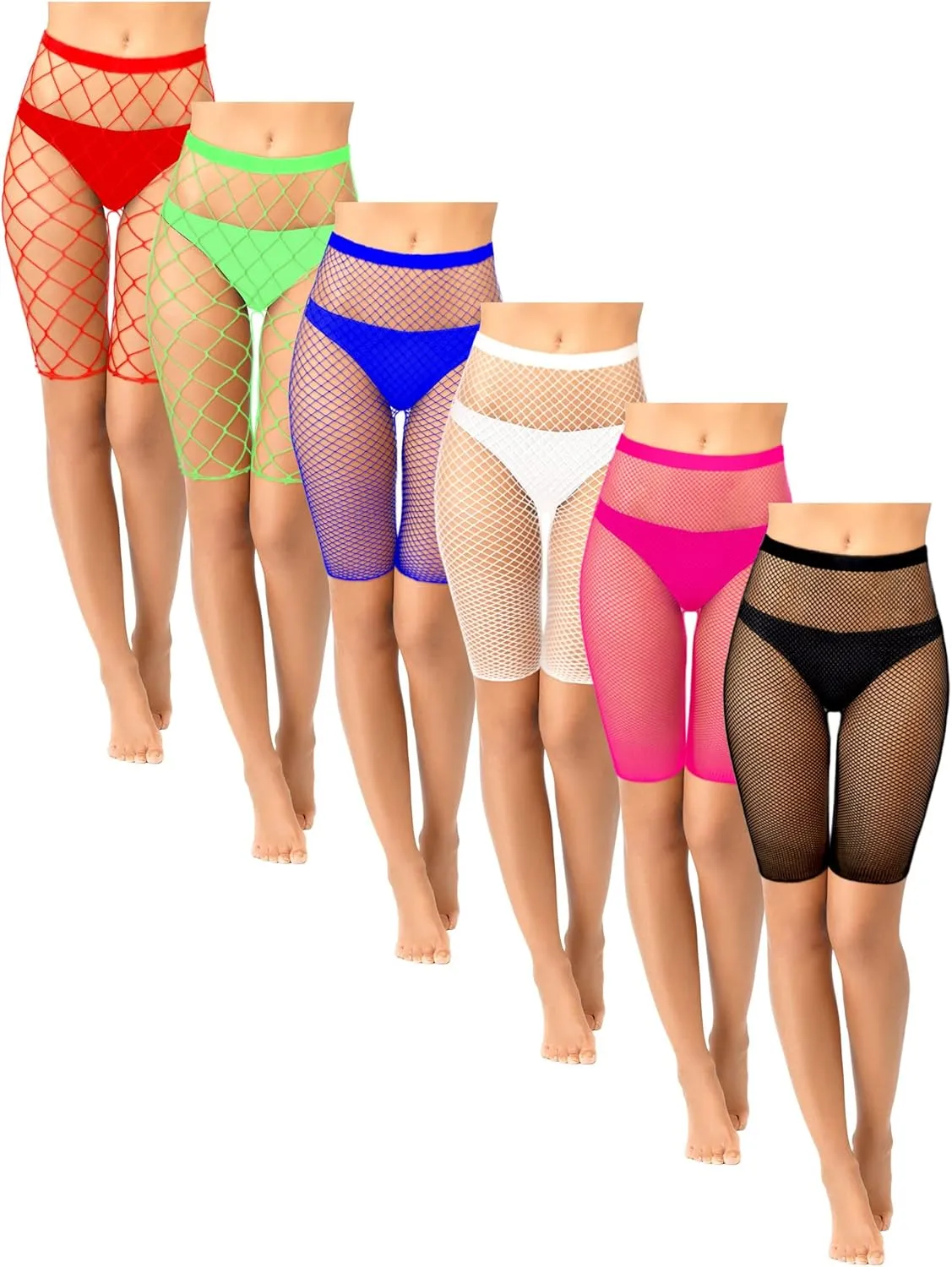 Sintege 6 Pairs Fishnet Biker Short Elastic Fishnet High Waisted Shorts See Through Sheer Mesh Leggings for Women