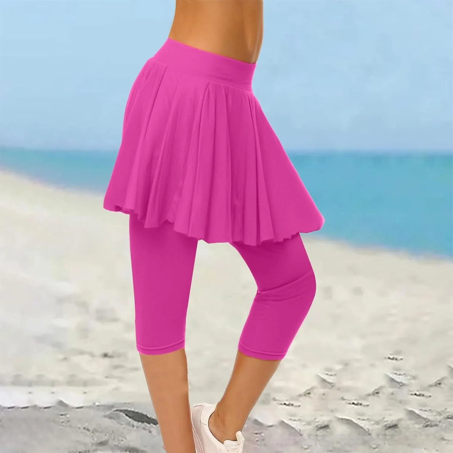 Skirted Leggings for Women High Waist Knee Length Golf Tennis Capri Yoga Pants Pleated Skirt Athletic Running Skorts