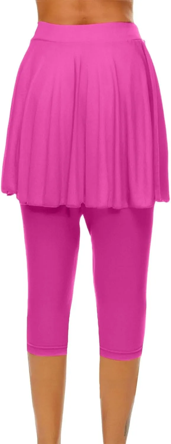 Skirted Leggings for Women High Waist Knee Length Golf Tennis Capri Yoga Pants Pleated Skirt Athletic Running Skorts