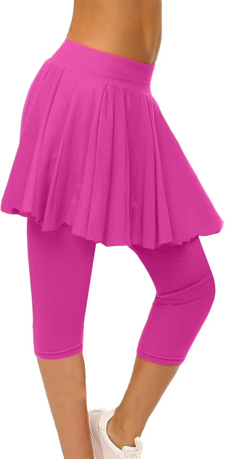 Skirted Leggings for Women High Waist Knee Length Golf Tennis Capri Yoga Pants Pleated Skirt Athletic Running Skorts