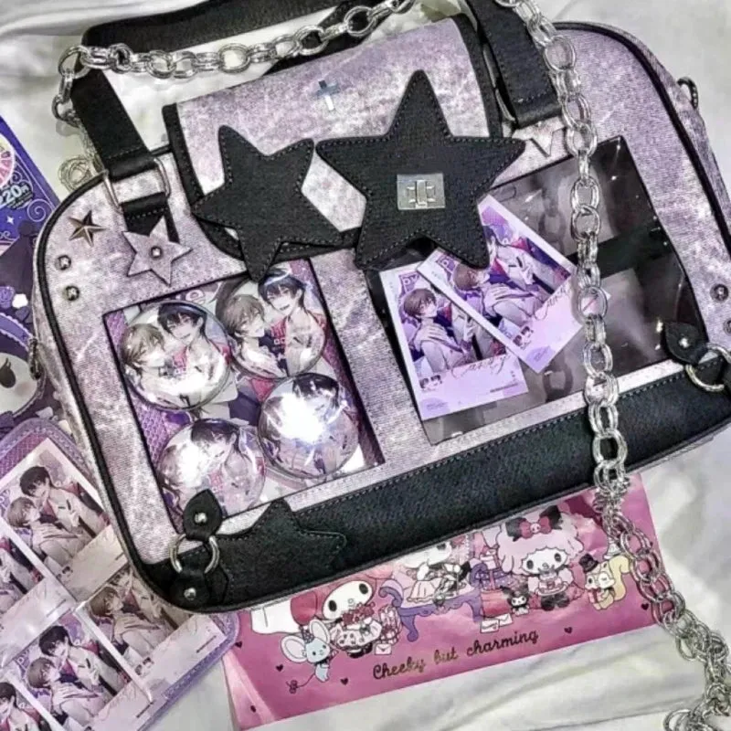 Sohiwoo Y2K Trendy Star Ita Bag Lolita Girl Transparent Pocket Fashion Crossbody Bag Women's DIY Display Shoulder Bag Cute Purse Handbag
