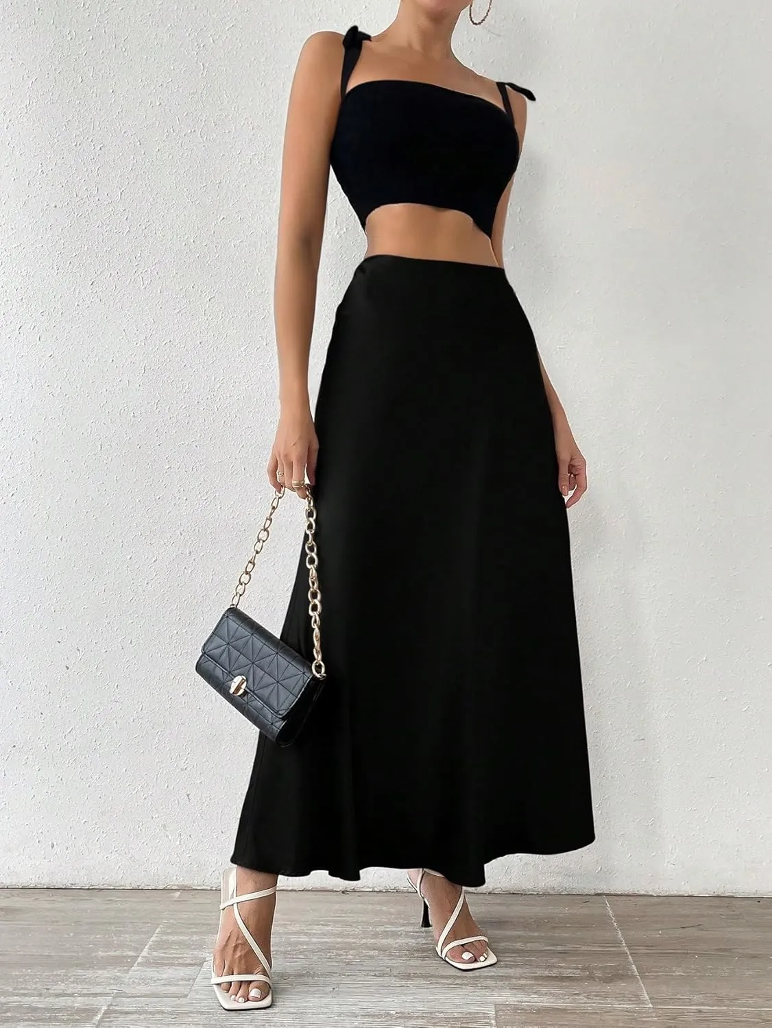 SOLY HUX Women's Skirt Elastic High Waisted A Line Flowy Casual Solid Long Skirts