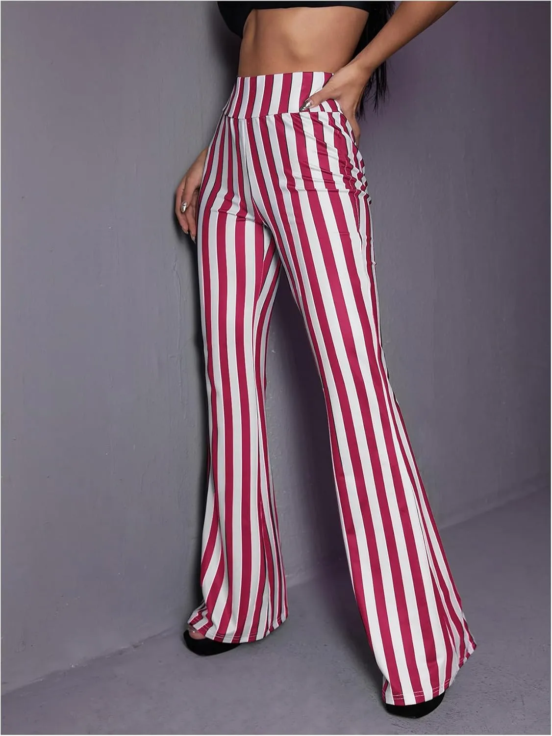 SOLY HUX Women's Striped Elastic High Waist Flare Leg Long Pants Casual Trousers