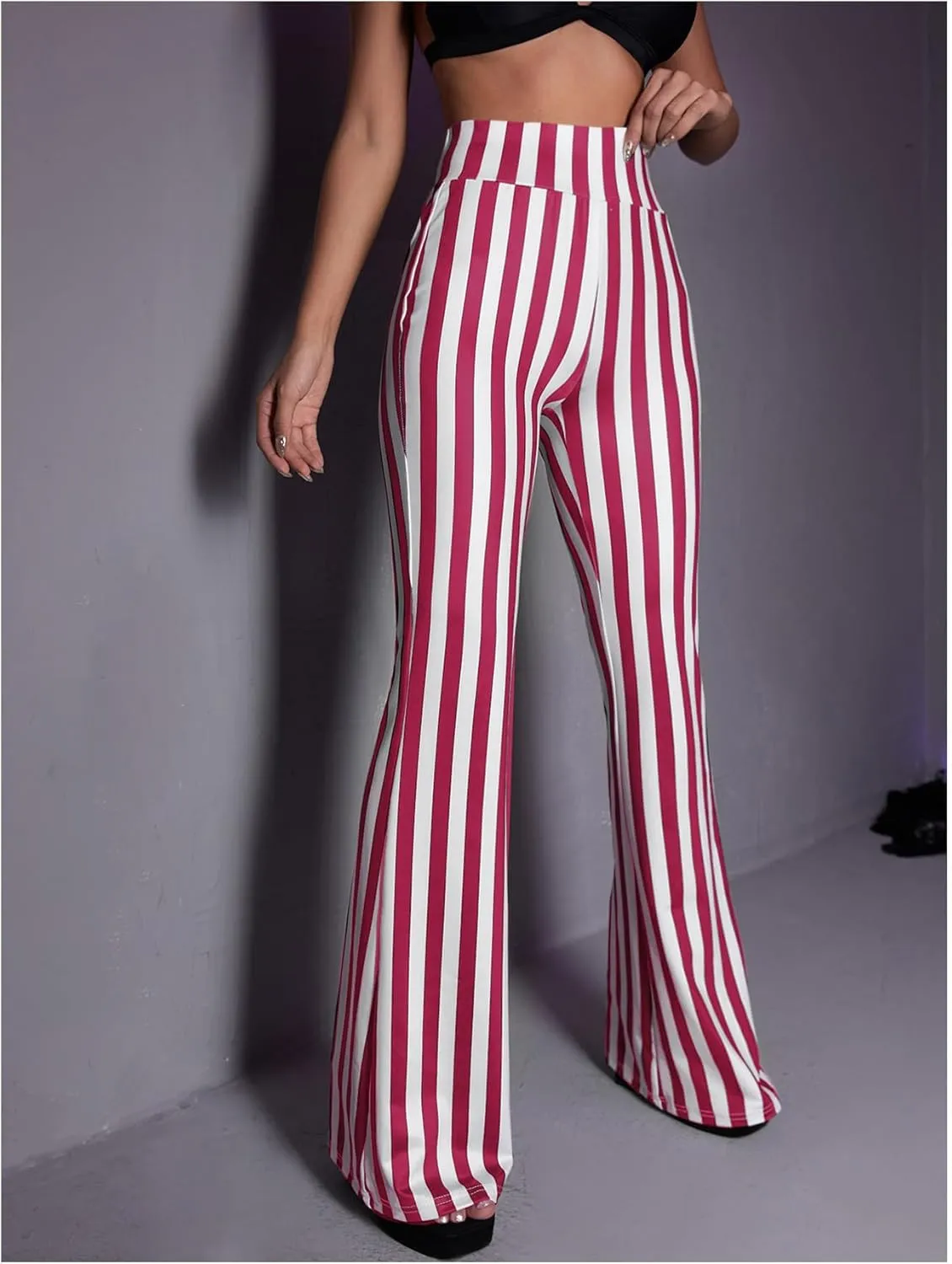 SOLY HUX Women's Striped Elastic High Waist Flare Leg Long Pants Casual Trousers