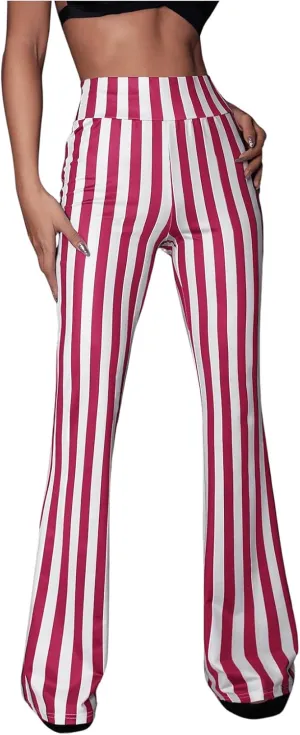 SOLY HUX Women's Striped Elastic High Waist Flare Leg Long Pants Casual Trousers