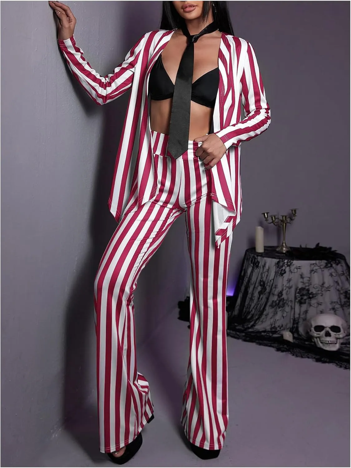 SOLY HUX Women's Striped Elastic High Waist Flare Leg Long Pants Casual Trousers