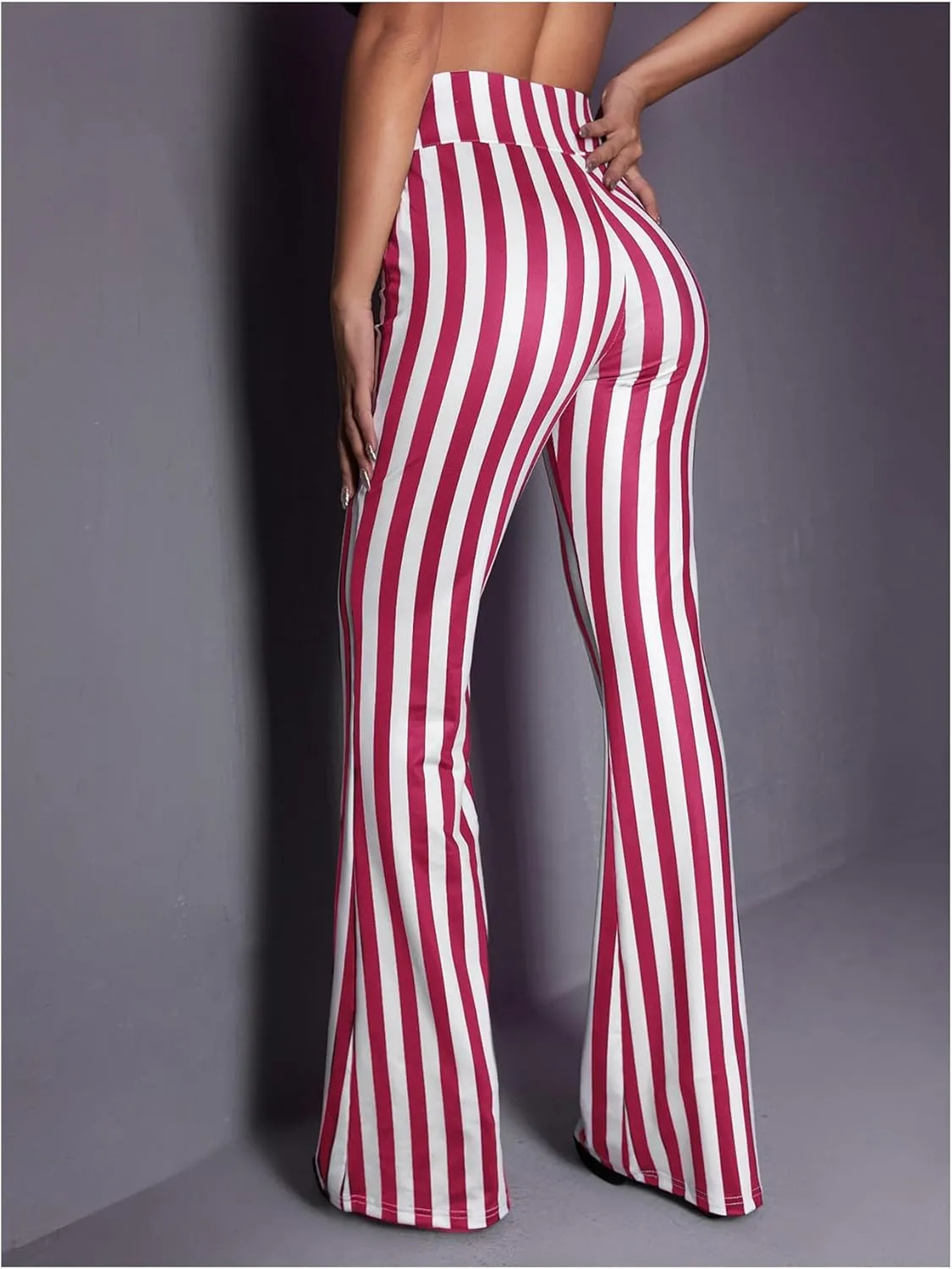 SOLY HUX Women's Striped Elastic High Waist Flare Leg Long Pants Casual Trousers