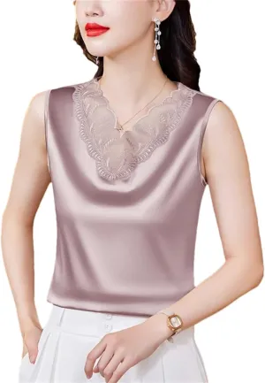 Spring Summer Women Satin Camisole Sleeveless Shirt Tank Top V-Neck Sexy Patchwork Lace Vest Tops