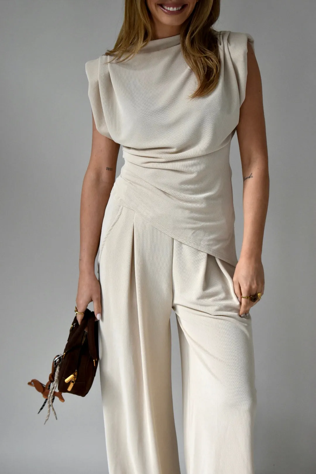 Structured Set top broek - Beige