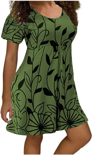 Summer Dresses for Women 2024 Casual High Waist Loose Crewneck Floral Sundress Short Sleeve Flowy Ruffle Mini Dress