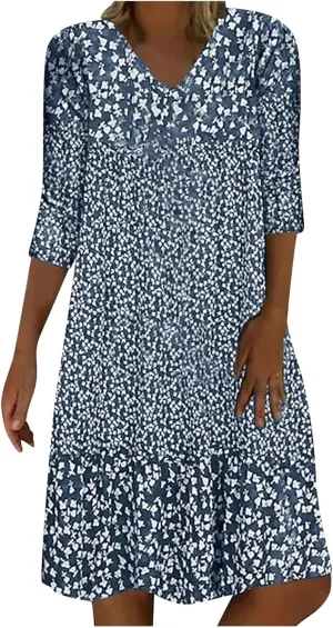 Summer Dresses for Women 2025 Vacation Floral Print 3/4 Sleeve V Neck Dress Comfy Lightweight Casual Fashion Dress