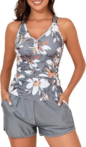 Summer Mae Modest Tankini Swimsuits for Women 2025 Two Piece Bathing Suits with Sporty Pockets Boy Shorts for Tummy Control