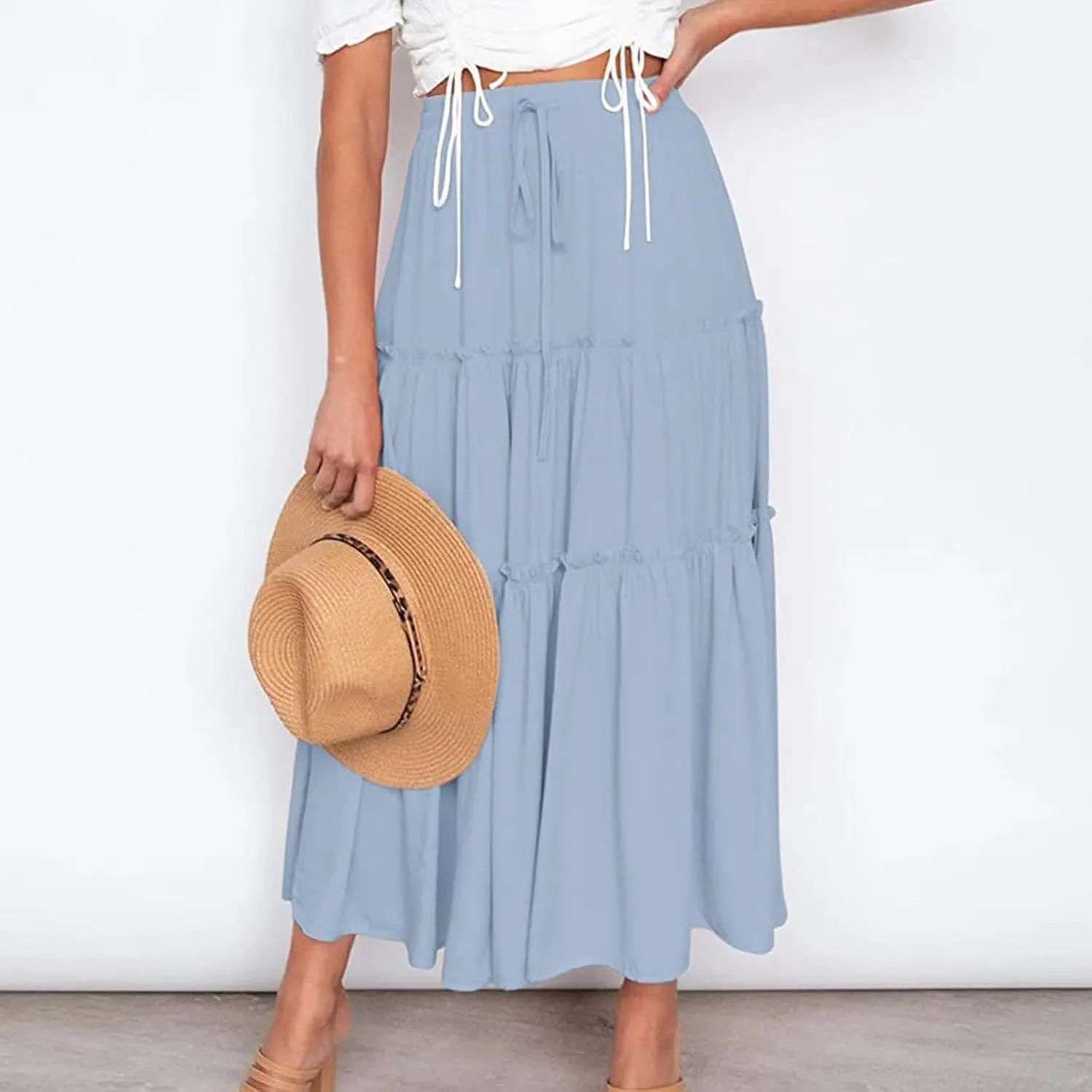 Summer Skirts Women's Fashion Casual High Waisted MIDI Boho Style Pleated Skirt Lightweight Maxi Dress for Women