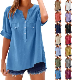Summer Tops for Women 2025 Linen Short Sleeve Button Down V Neck T Shirts with Chest Pocket Casual Beach Tops