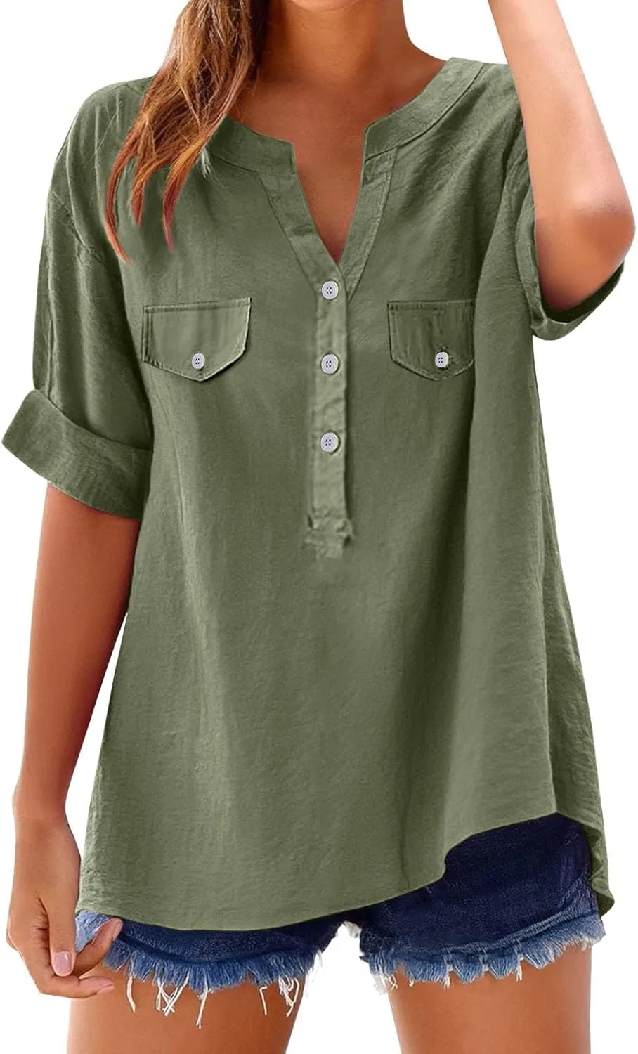 Summer Tops for Women 2025 Linen Short Sleeve Button Down V Neck T Shirts with Chest Pocket Casual Beach Tops