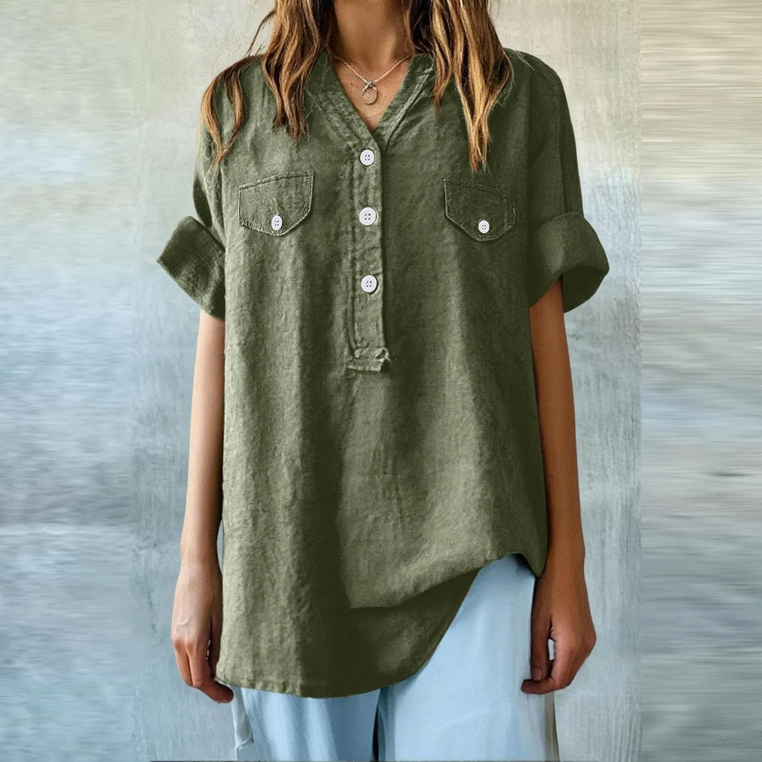 Summer Tops for Women 2025 Linen Short Sleeve Button Down V Neck T Shirts with Chest Pocket Casual Beach Tops