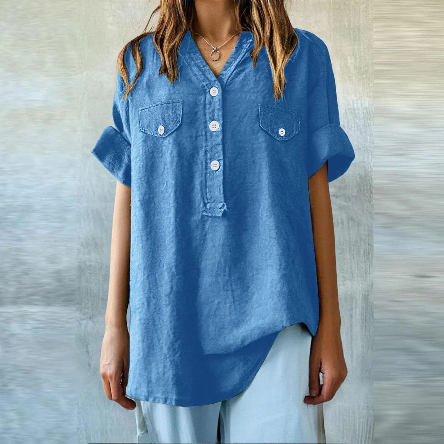 Summer Tops for Women 2025 Linen Short Sleeve Button Down V Neck T Shirts with Chest Pocket Casual Beach Tops