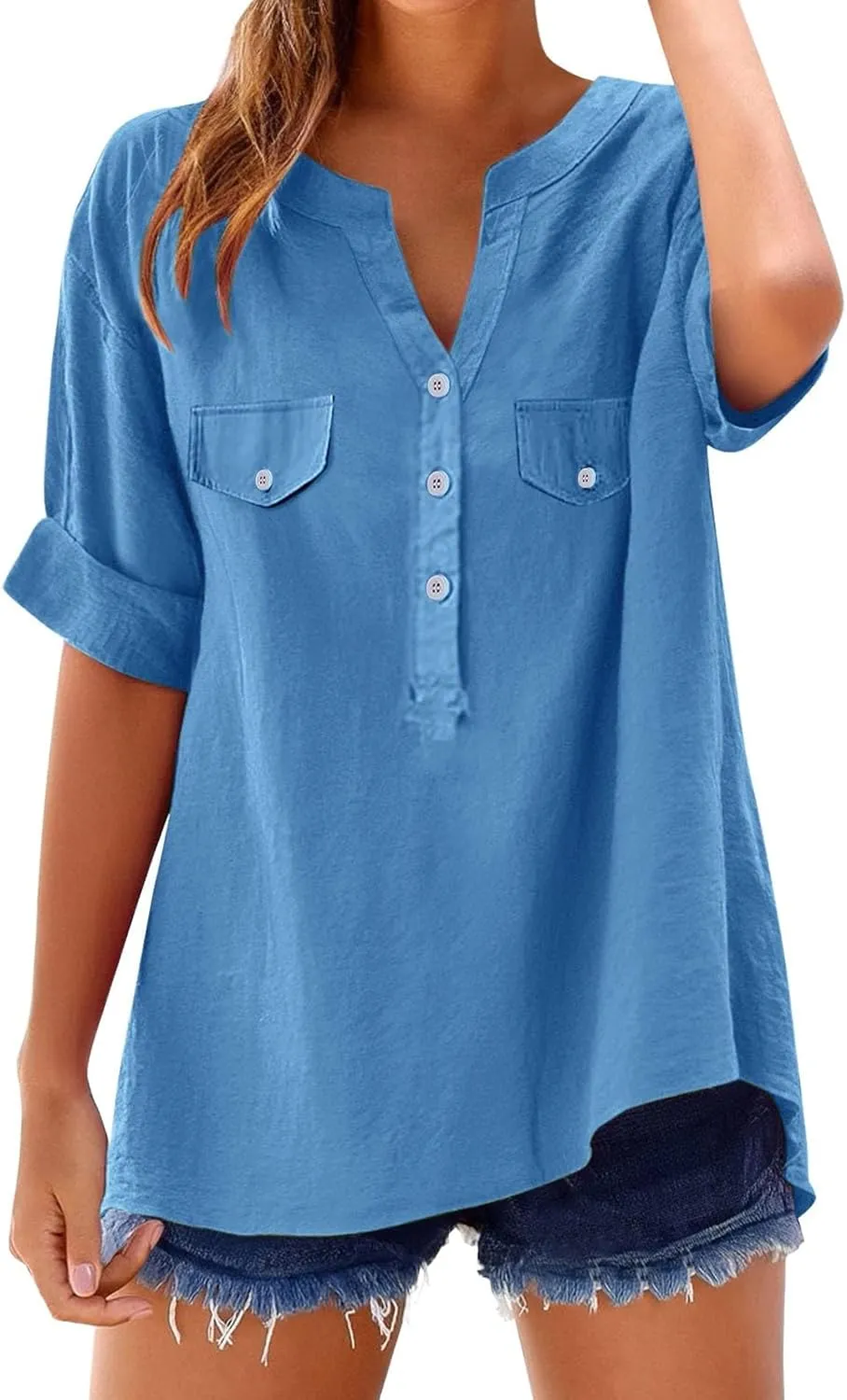 Summer Tops for Women 2025 Linen Short Sleeve Button Down V Neck T Shirts with Chest Pocket Casual Beach Tops