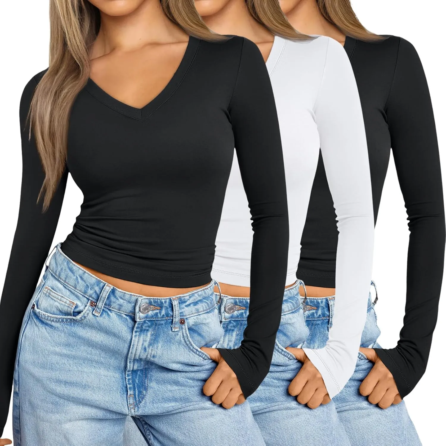 SUNBS Womens 3 Pack Long Sleeve Shirts V Neck Going Out Slim Fit Causal Crop Layering Tops 2025 Fall Fashion Clothes