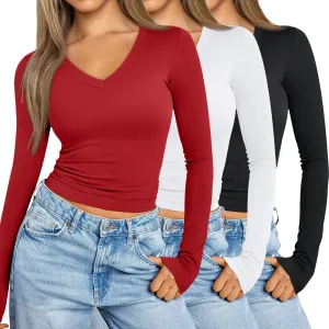 SUNBS Womens 3 Pack Long Sleeve Shirts V Neck Going Out Slim Fit Causal Crop Layering Tops 2025 Fall Fashion Clothes