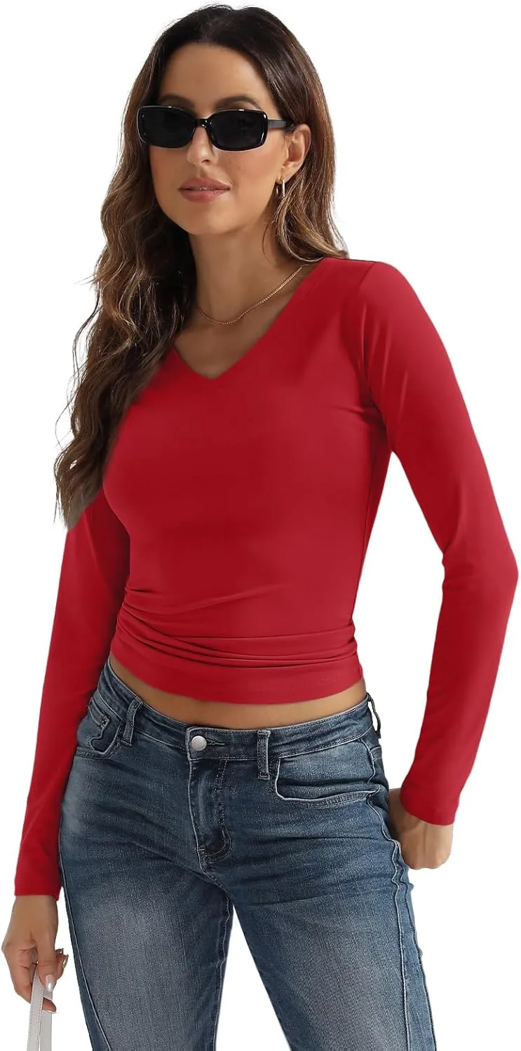 SUNBS Womens 3 Pack Long Sleeve Shirts V Neck Going Out Slim Fit Causal Crop Layering Tops 2025 Fall Fashion Clothes