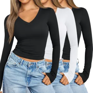 SUNBS Womens 3 Pack Long Sleeve Shirts V Neck Going Out Slim Fit Causal Crop Layering Tops 2025 Fall Fashion Clothes