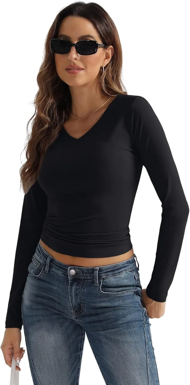 SUNBS Womens 3 Pack Long Sleeve Shirts V Neck Going Out Slim Fit Causal Crop Layering Tops 2025 Fall Fashion Clothes