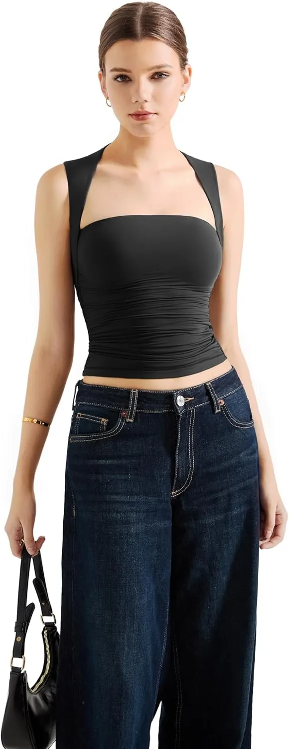 SUUKSESS Womens Square Neck Going Out Tank Tops Double Lined Summer Sleeveless Business Casual Shirt