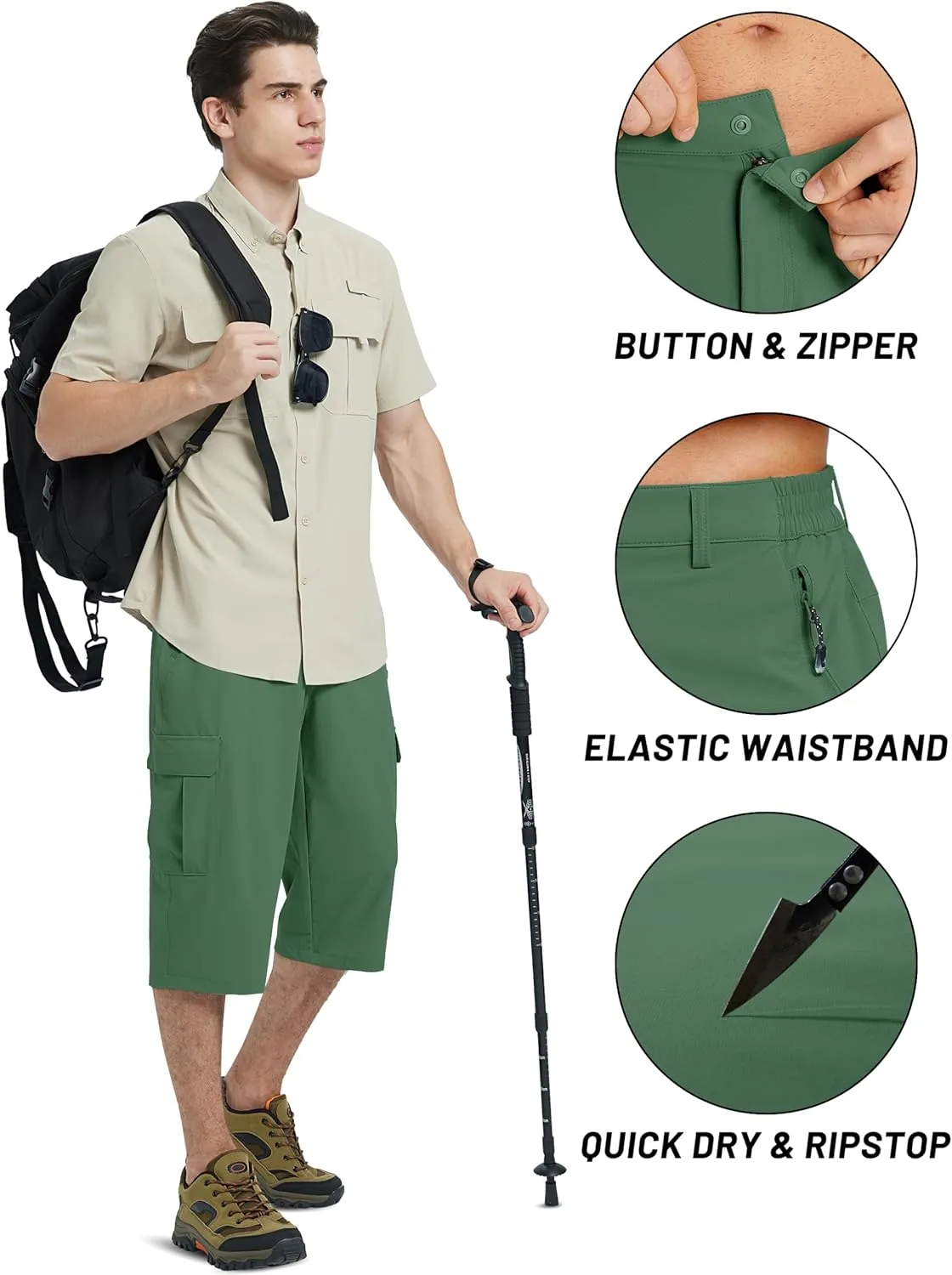TACVASEN Men's Capri Pants Cargo Long Shorts Quick Dry Lightweight 3/4 Pants Below Knee Summer Hiking Work