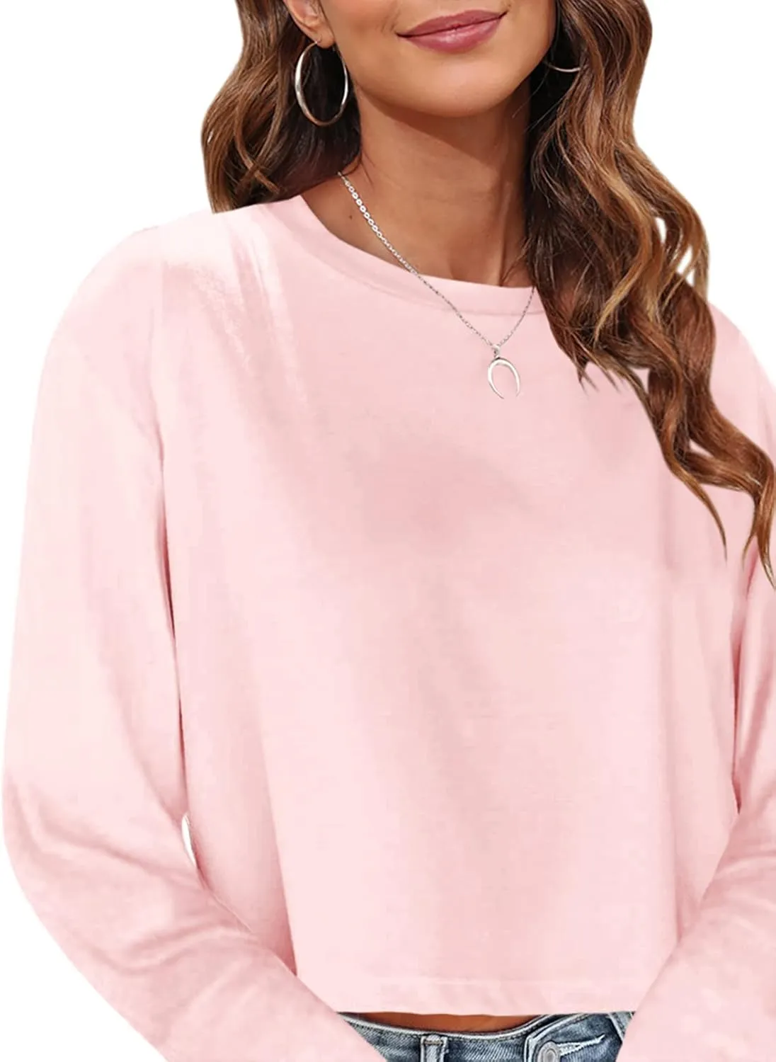 Tankaneo Womens Long Sleeve Crop Tops Loose Fit Cropped Tshirt 2025 Crew Neck Casual Shirts