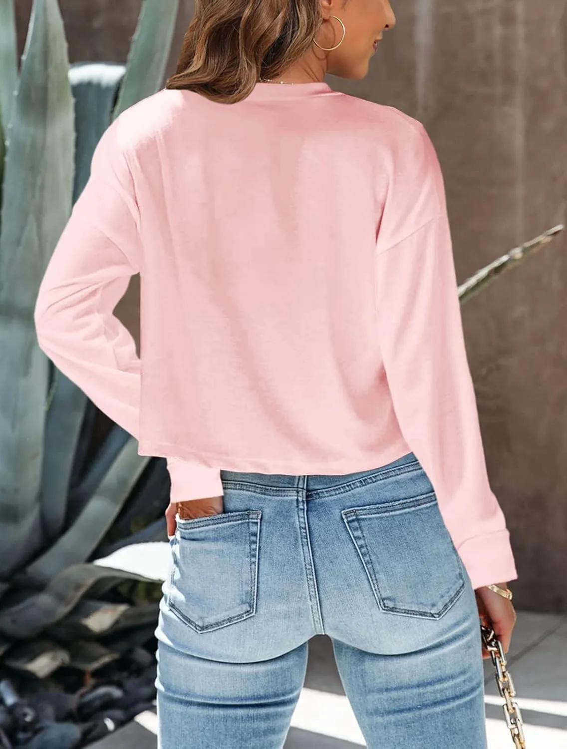 Tankaneo Womens Long Sleeve Crop Tops Loose Fit Cropped Tshirt 2025 Crew Neck Casual Shirts