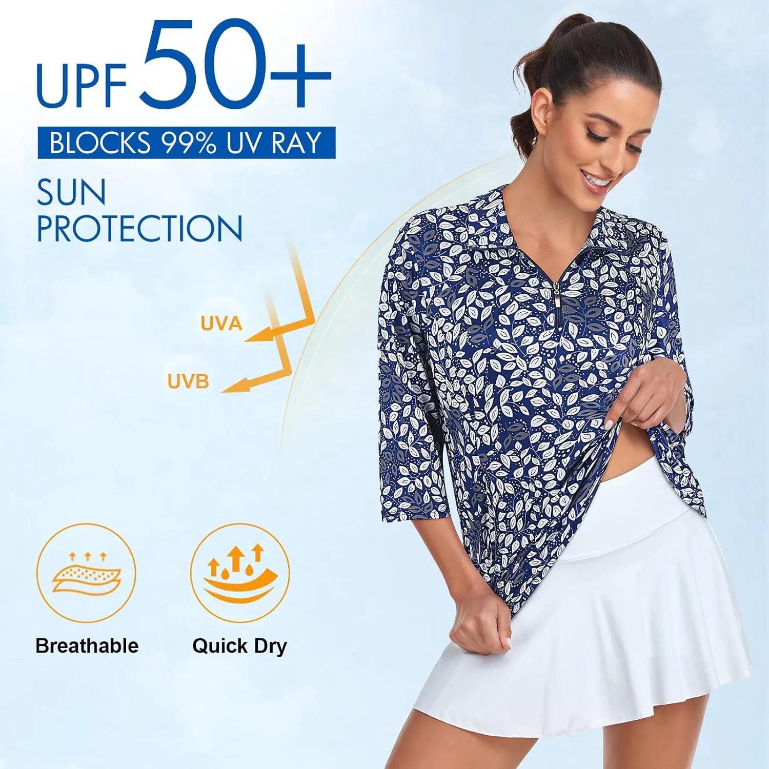 Tanst Sky Womens 3/4 Sleeve Golf Shirt Quick Dry Zip Up Workout Tennis Tops with Pockets