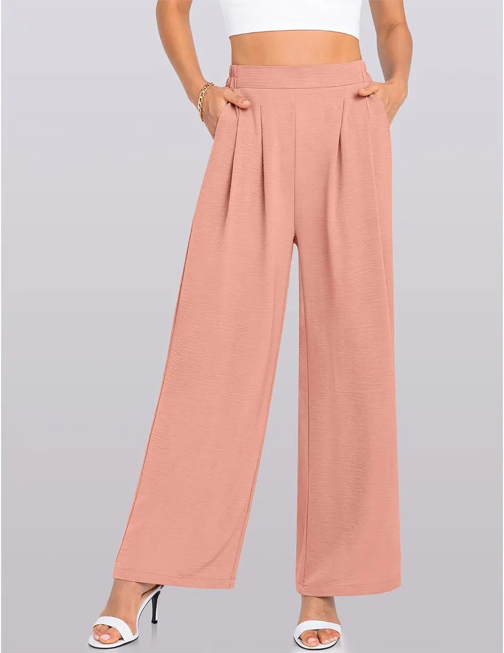 TARSE Women's Wide Leg Dress Pants Work Business Casual High Elastic Waisted Flowy Trousers Palazzo Pants with Pockets
