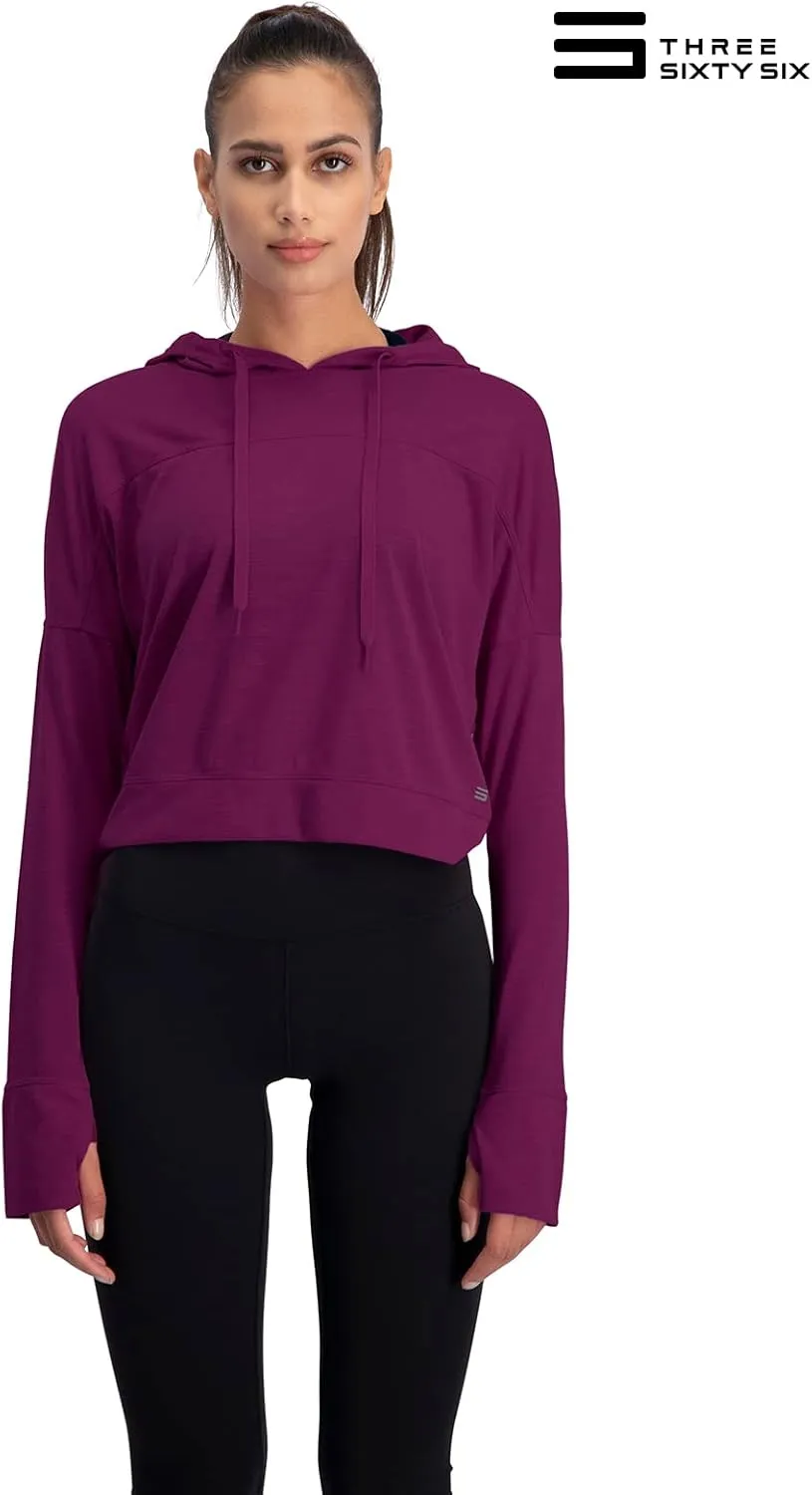 Three Sixty Six Dry Fit Crop Tops for Women - Long Sleeve Crop Top Hoodie - Women's Workout Pullover Top with Thumb Holes
