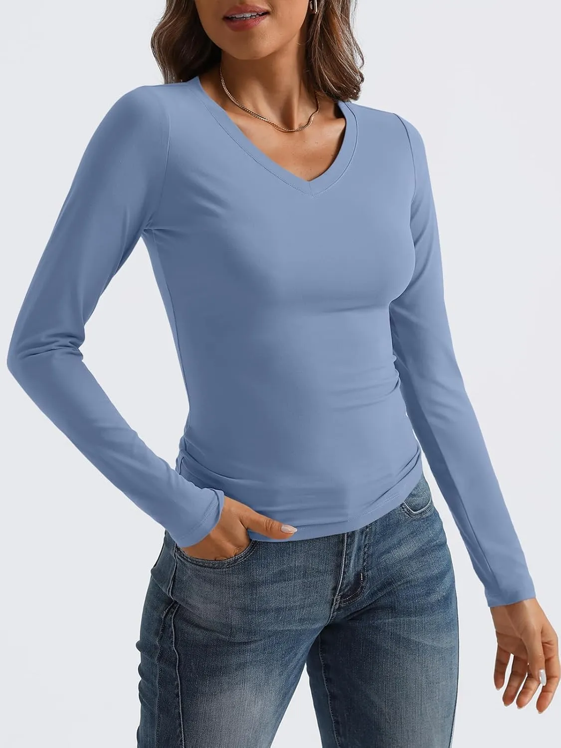 Trendy Queen Long Sleeve Shirts for Women 2025 Fall Fashion V Neck Basics Crop Tops Slim Fitted Y2K Tops Outfits Clothes