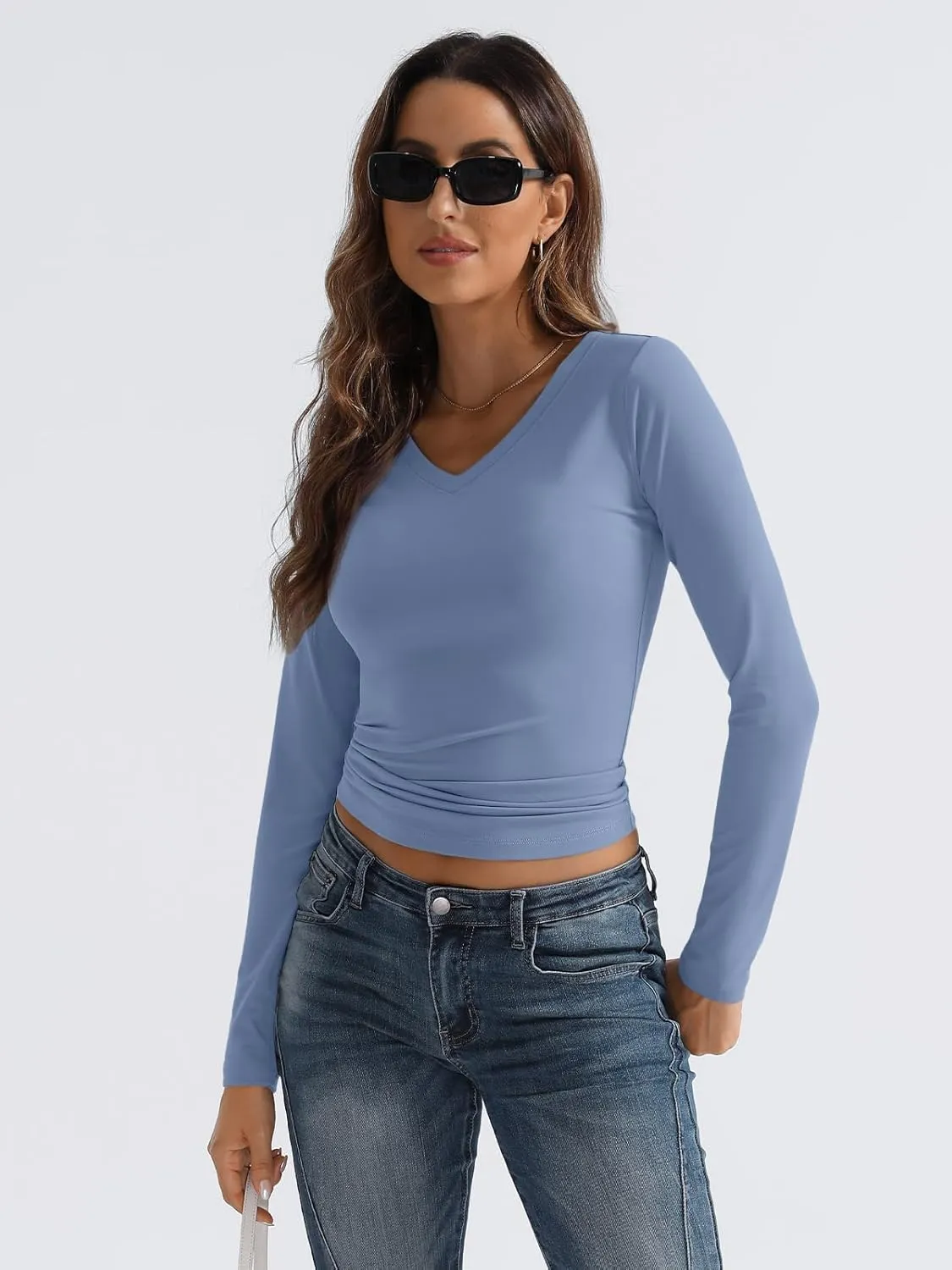 Trendy Queen Long Sleeve Shirts for Women 2025 Fall Fashion V Neck Basics Crop Tops Slim Fitted Y2K Tops Outfits Clothes