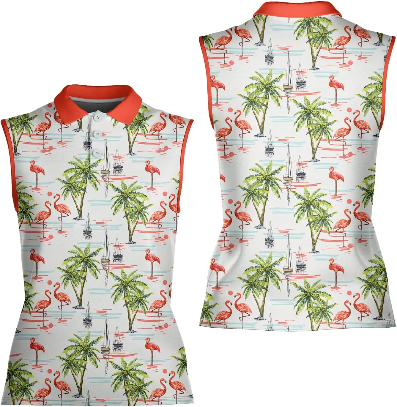 Tropical Flamingo Sleeveless Polo Shirt for Women, Summer Sports Athletic Tennis Golf Shirts Quick Dry Outdoor Sports