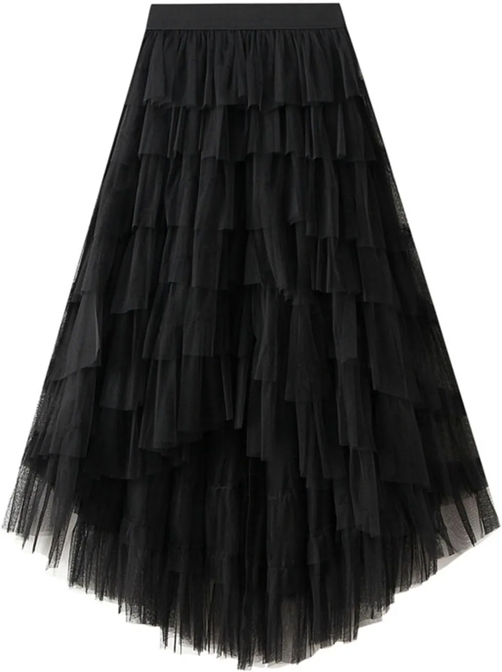 Tulle Maxi Skirts for Women Elastic High Waisted Flowy Swing A-Line Asymmetrical Tiered Pleated Long Skirt