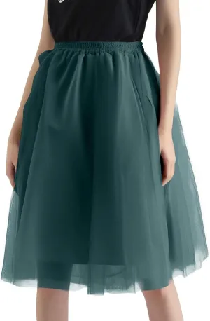 Tulle Skirts for Women Midi A Line Skirt Layered Skorts Elastic High Waisted Tutu Skirt for Prom Party