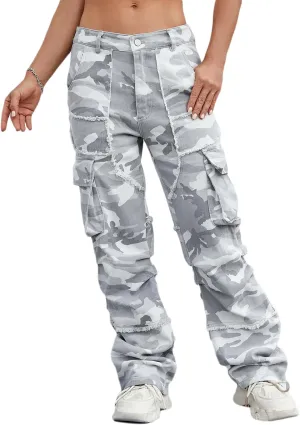 Unisex Camo Cargo Pants, Multi Pockets Raw Edge Oversized Straight Zipper Wide Legs Streetwear for Hip Hop Men Women
