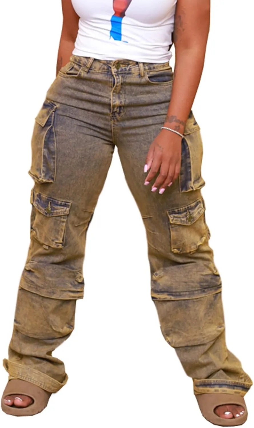 Vakkest Women's Cargo Jeans Wide Leg High Waist Jogger Baggy Denim Pants Boyfriends Trendy Trousers with Multi Pockets