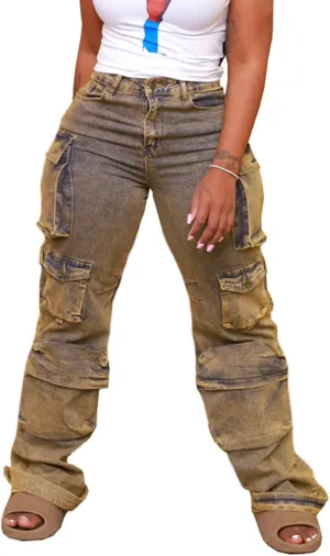 Vakkest Women's Cargo Jeans Wide Leg High Waist Jogger Baggy Denim Pants Boyfriends Trendy Trousers with Multi Pockets